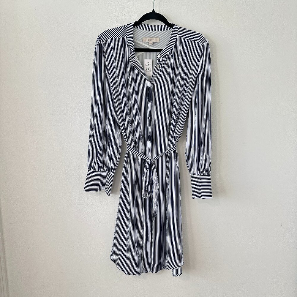 Loft Blue Striped Shirt Dress with Tie - Sz L - NTW